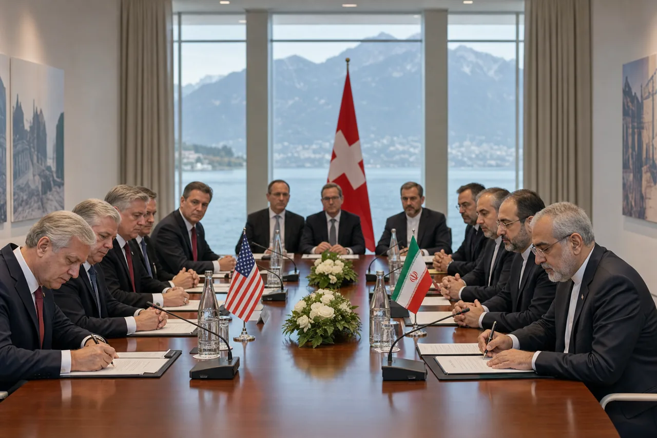 AI-foto van een diplomatiek ondertekenmoment in Zwitserland met Amerikaanse en Iraanse delegaties, documenten en microfoons als beeld bij de nieuwe deal.