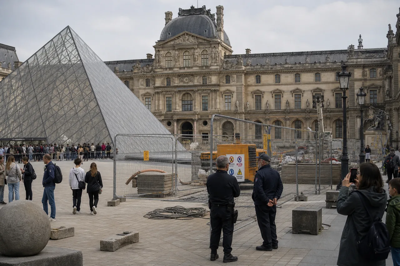 AI-foto van een realistische entree van het Louvre in Parijs met de glazen piramide, bezoekers, beveiliging en zichtbare druk rond een museum dat kampt met renovatievragen.