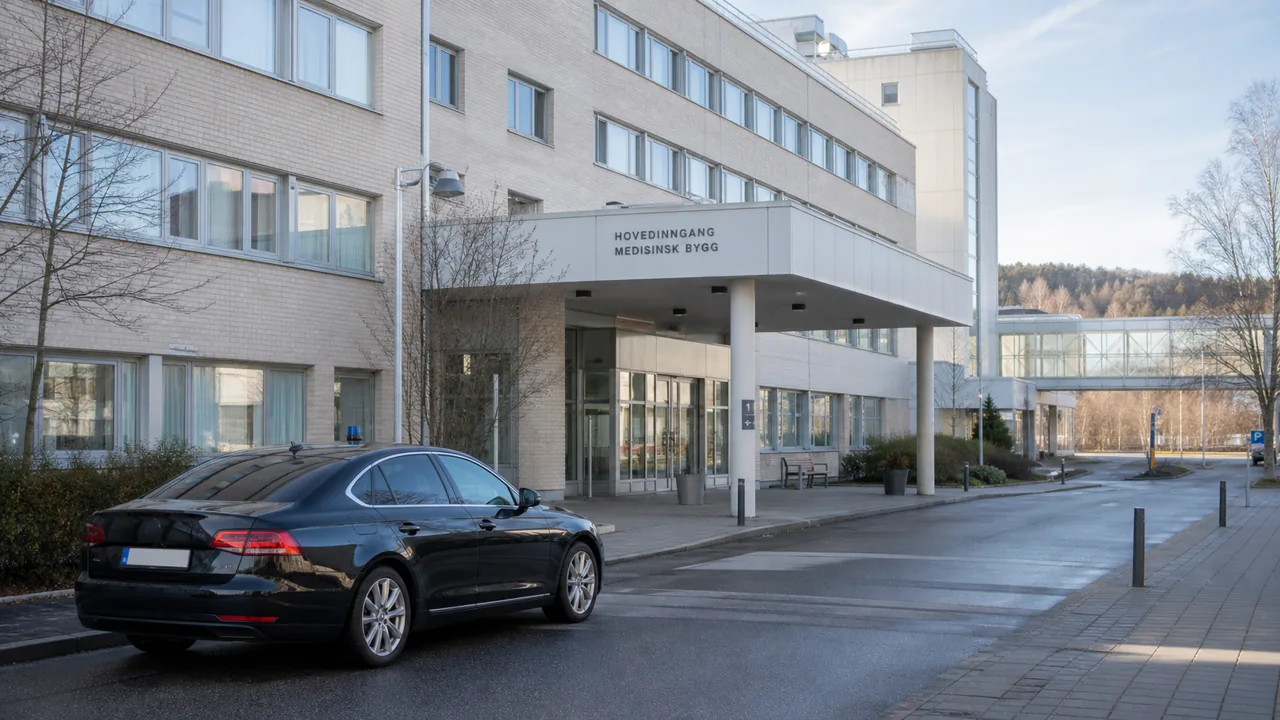 AI-foto van een rustige Scandinavische ziekenhuisingang met beveiliging en officiële voertuigen als beeld bij het herstel van de Noorse kroonprinses Mette-Marit na een transplantatie.