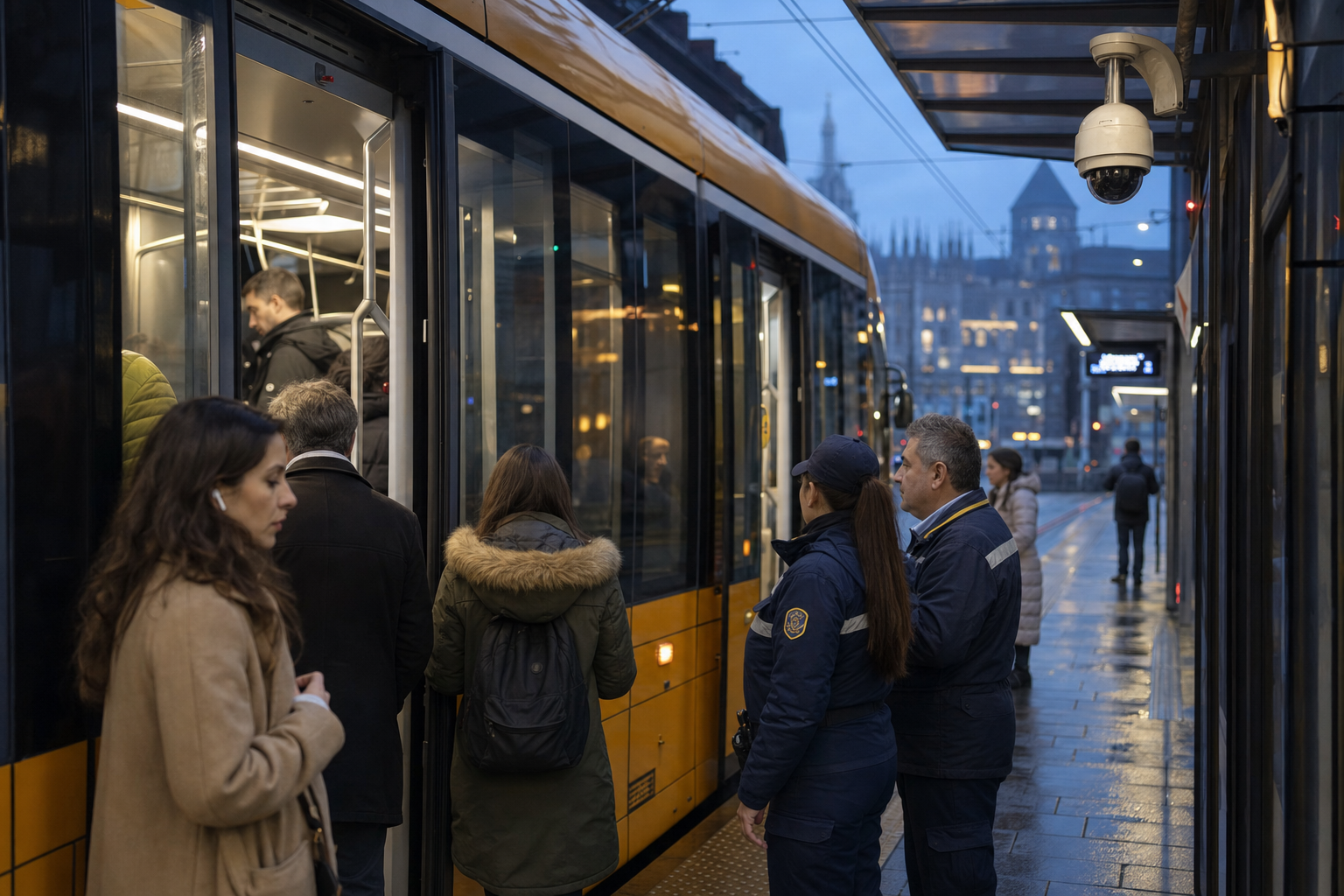 Paylaşılan kamera görüntülerini çevreleyen gizlilik skandalının bir görüntüsü olarak, alacakaranlıkta Milano'da sarı bir tramvay, bekleyen yolcular ve görünür bir güvenlik kamerasıyla gerçekçi bir tramvay durağının yapay zeka fotoğrafı.