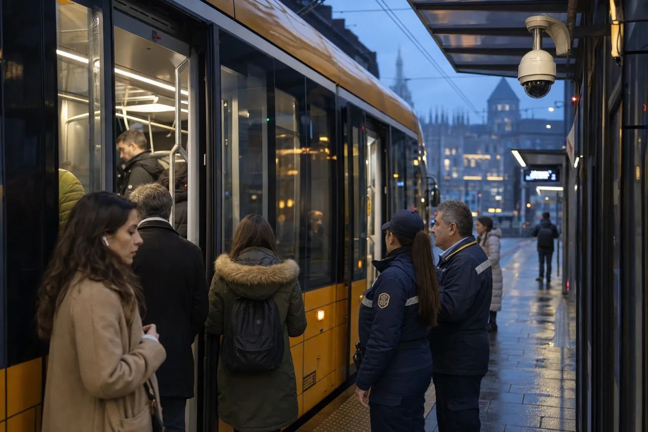 AI-foto van een realistische tramhalte in Milaan bij schemering met een gele tram, wachtende reizigers en een zichtbare bewakingscamera als beeld bij het privacy-schandaal rond gedeelde camerabeelden.