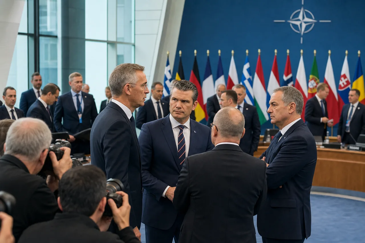 AI-foto van een realistische NAVO-vergaderzaal in Brussel met defensieministers, persfotografen, vlaggen en gespannen diplomatieke sfeer als beeld bij het debat over Amerikaanse troepen in Europa.