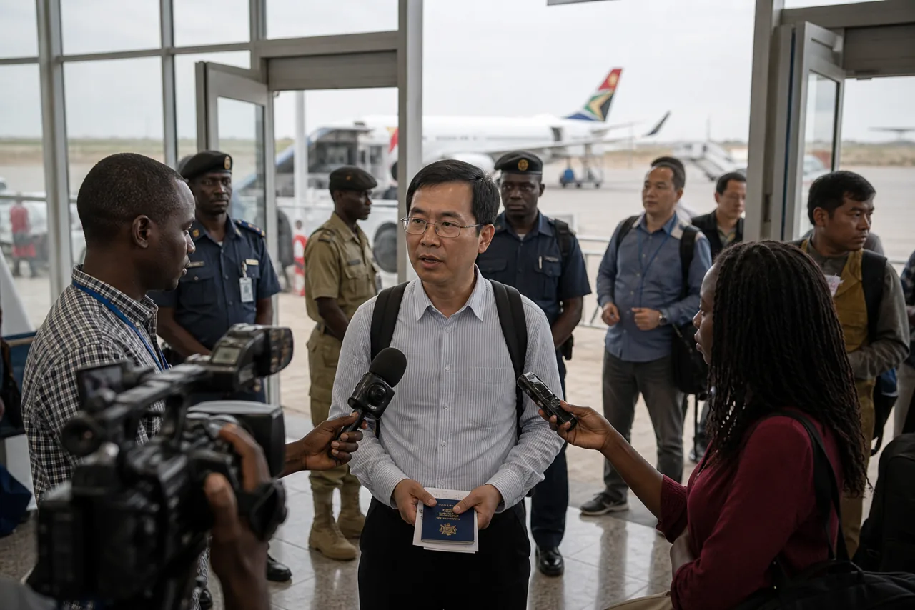 AI-foto van een realistische luchthavenomgeving in Juba met pers, beveiliging en een reiziger met documenten als beeld bij de repatriëring van een uitgezette Vietnamese man uit Zuid-Soedan.
