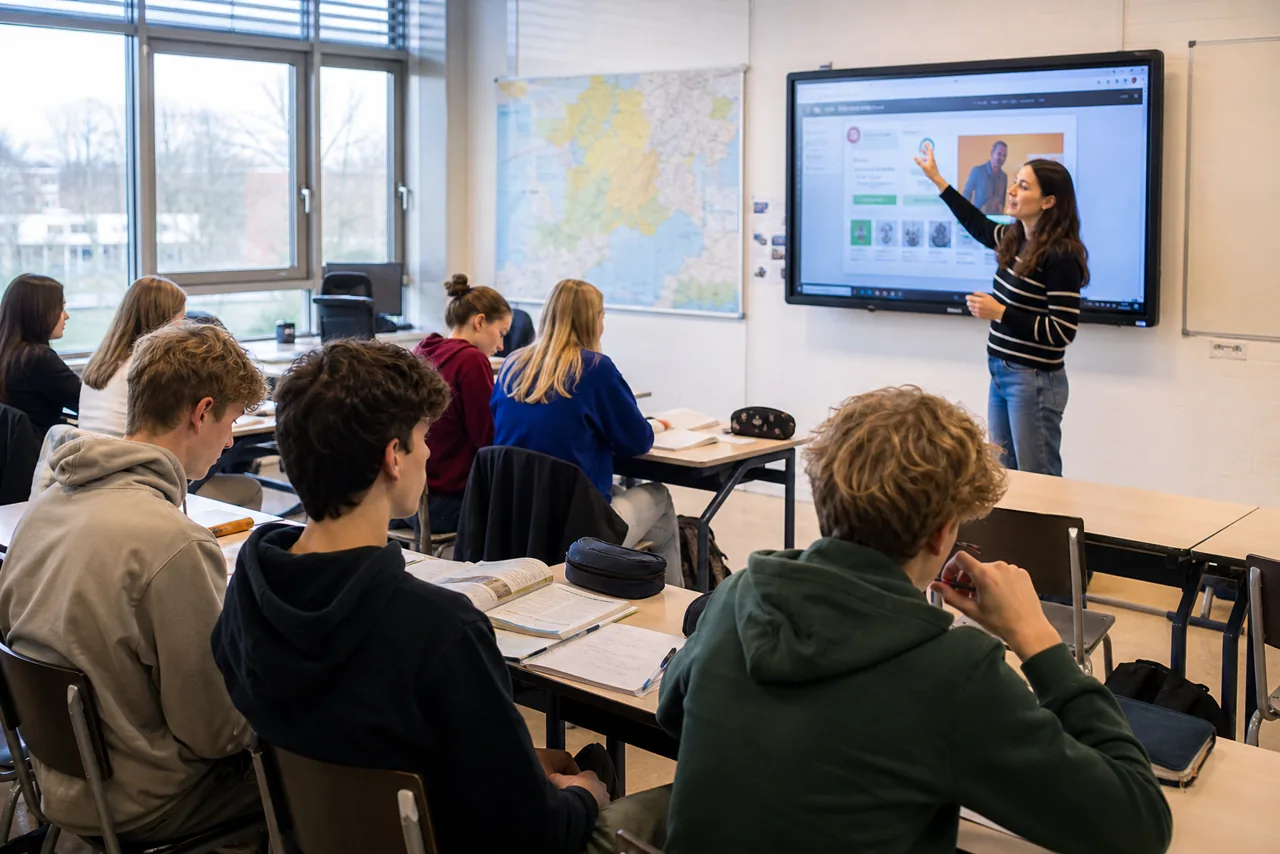 AI-foto van een realistische Nederlandse middelbare schoolklas tijdens een taalles met docent, leerlingen en lesmateriaal als beeld bij nieuwe nadruk op taalonderwijs.