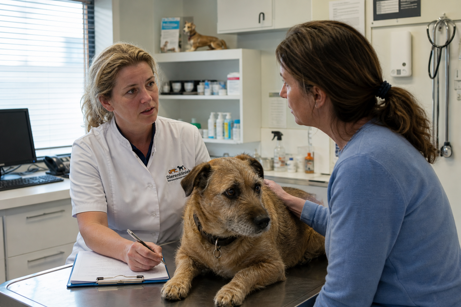 Foto AI di uno studio veterinario realistico in cui un veterinario e il proprietario di un animale domestico parlano accanto a un cane sul lettino da visita come immagine dell'aumento dei costi veterinari.