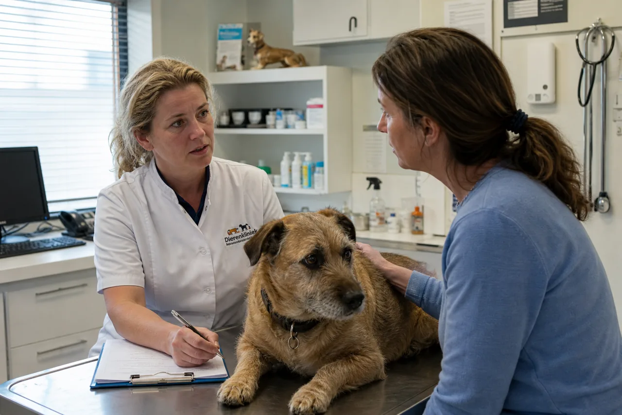 AI-foto van een realistische dierenartsenpraktijk waar een dierenarts en huisdiereigenaar in gesprek zijn naast een hond op de onderzoekstafel als beeld bij oplopende dierenartskosten.