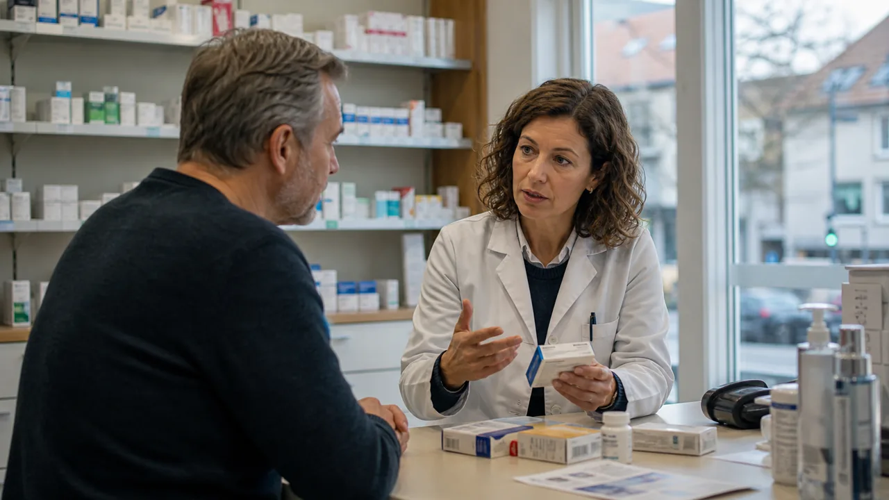 AI-foto van een Europese apotheek- of consultsetting met medicatieverpakking en overleg tussen zorgverlener en patiënt als beeld bij nieuwe afslankmedicatie.