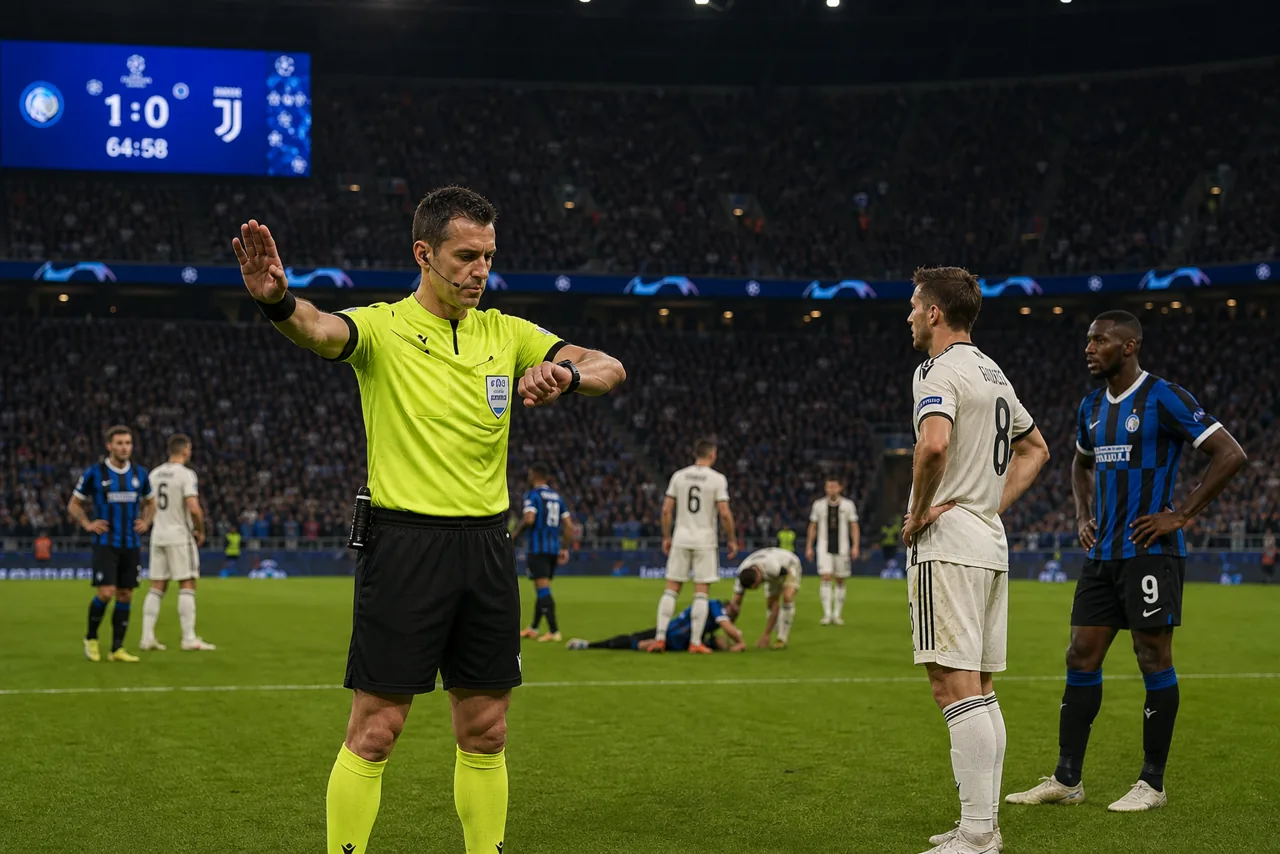AI-foto van een realistische avondwedstrijd in een groot voetbalstadion waar een scheidsrechter op zijn horloge kijkt en het spel stillegt, als beeld bij strengere regels tegen tijdrekken op het WK.