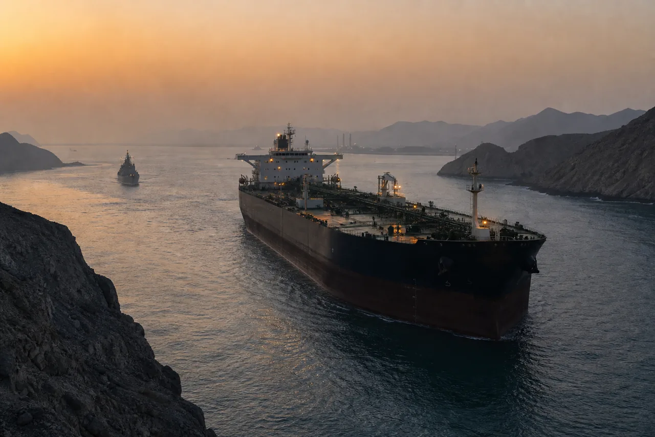 AI-foto van een realistische olietanker in de Straat van Hormuz bij schemering met een smalle vaarroute en begeleidend schip in de verte als beeld bij de fragiele rust op de oliemarkt.
