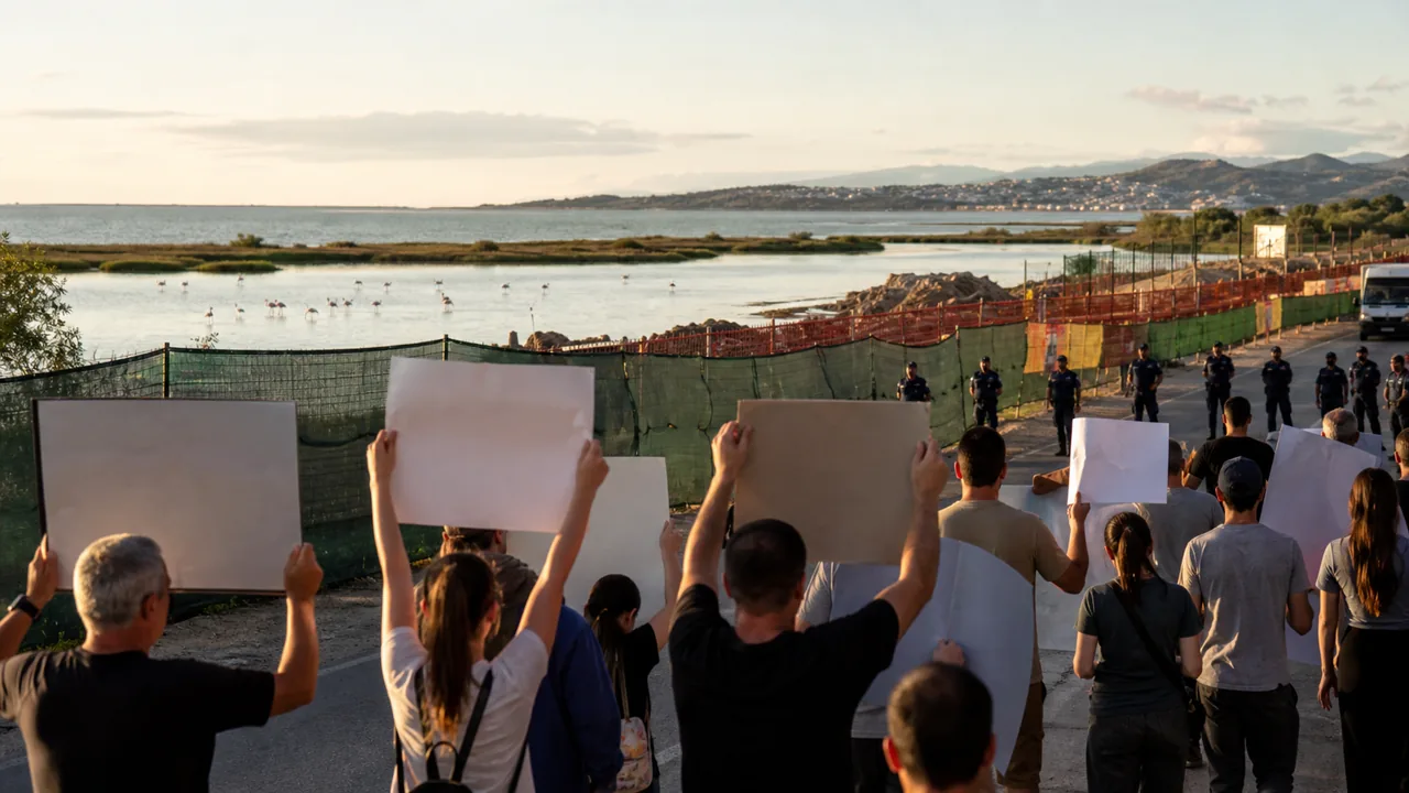 AI-foto van een vreedzaam protest bij een Albanees kustgebied met bouwhekken en lagune op de achtergrond, als beeld voor toerisme en natuurconflict.