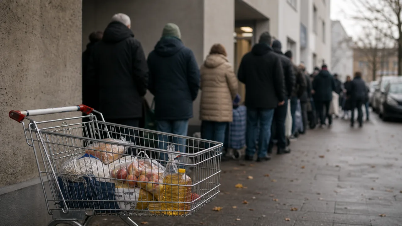 AI-foto van een sobere Duitse stedelijke omgeving met basisboodschappen en anonieme wachtende mensen.