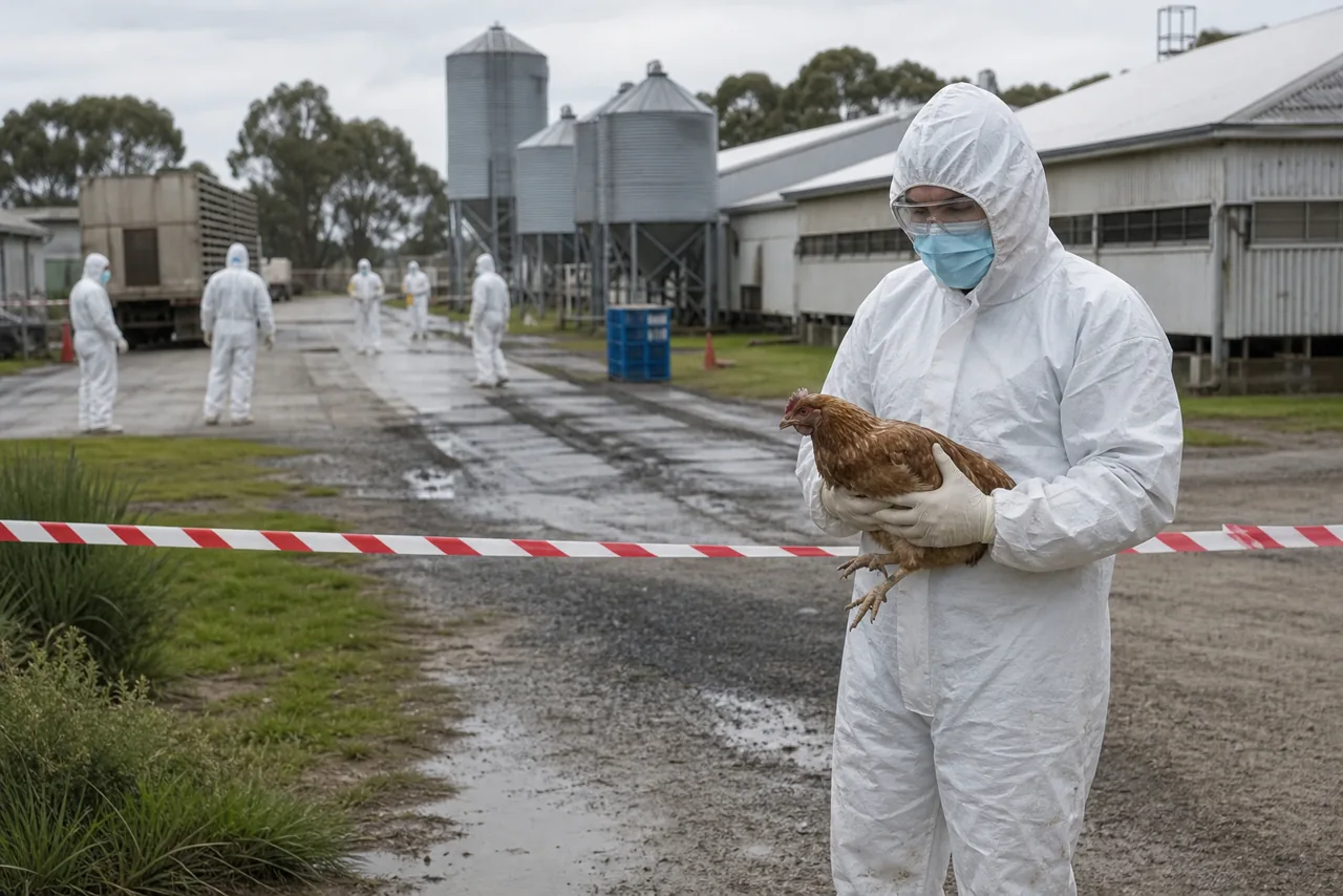 AI-foto van een realistische biosecurity-scene op een pluimveebedrijf met beschermende kleding, afzetlint en een sobere gezondheidswaarschuwing als beeld bij H5N1 in Australië.
