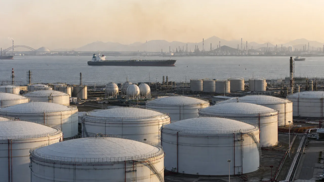 AI-foto van een realistische olieopslagterminal aan de kust als beeld bij Chinese energievoorraden.