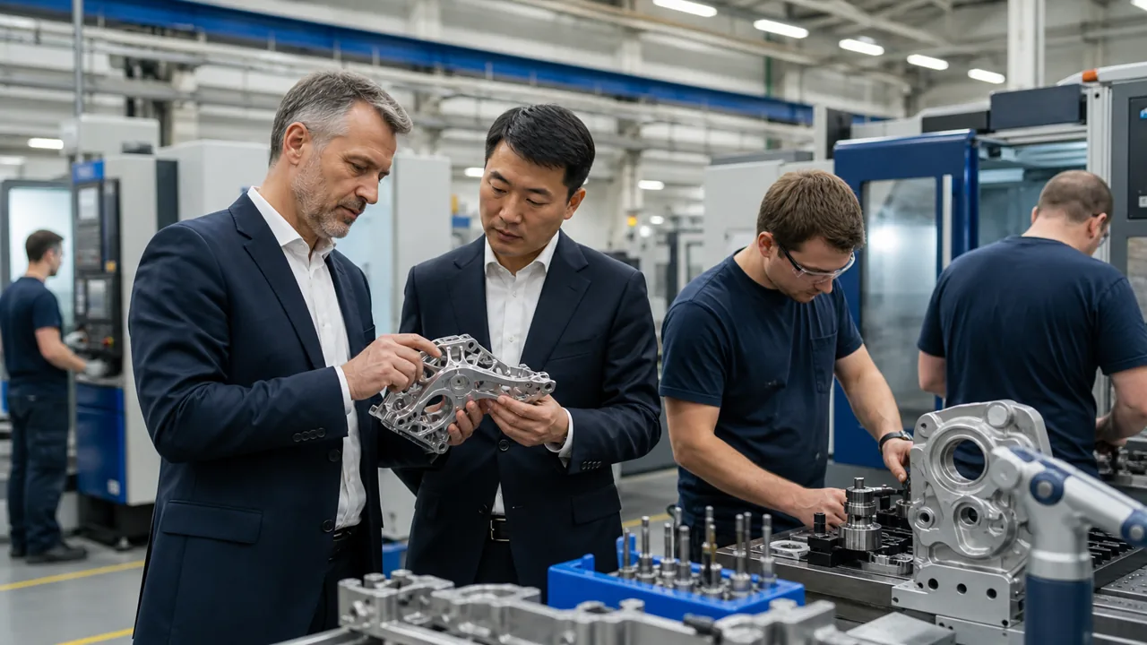 AI-foto van een Duitse precisiefabriek waar zakenmensen en engineers een industrieel onderdeel bekijken.
