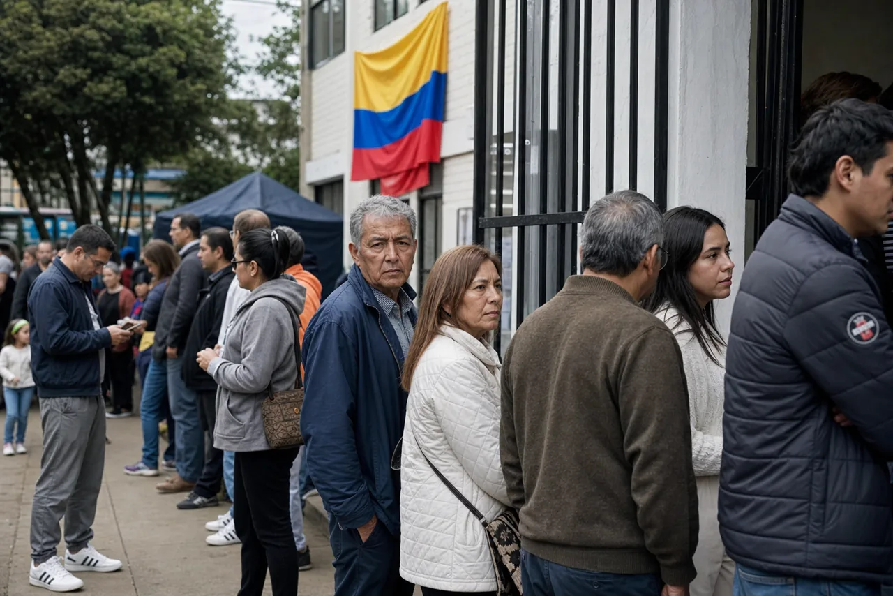 AI-foto van een realistische Colombiaanse verkiezingsdag met stembureau, campagneposters op afstand en kiezers in een gespannen democratische sfeer.