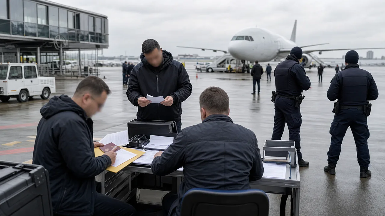AI-foto van een Europese luchthavenomgeving met anonieme documentcontrole bij een transportvliegtuig.