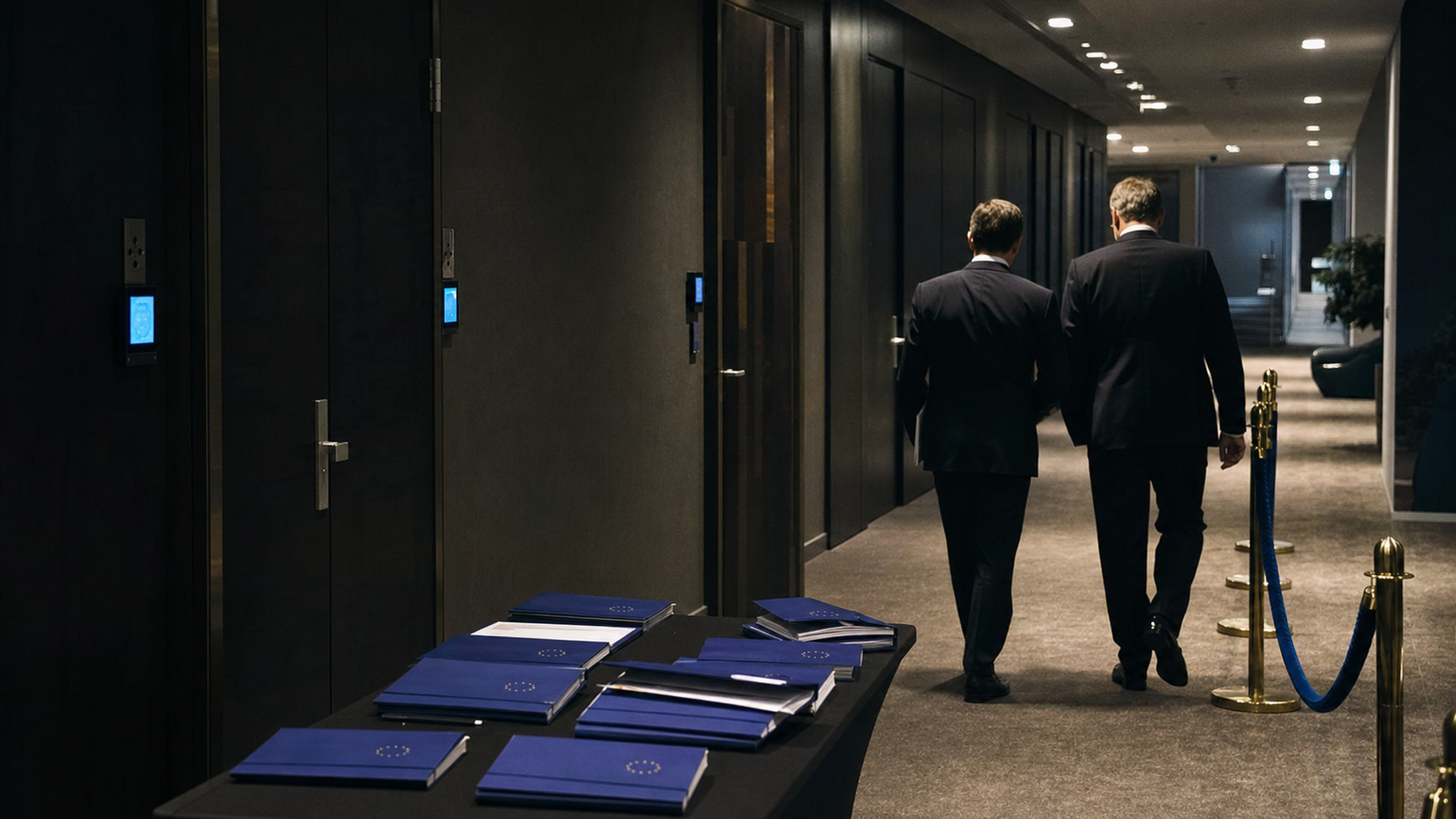 AI photo of a cool Brussels diplomatic corridor with closed meeting doors and blue files, as an image for cautious communication.