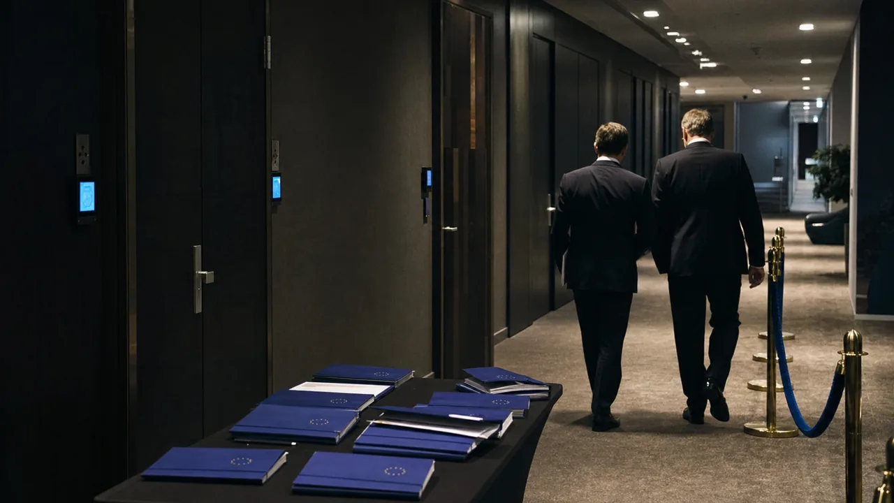 AI-foto van een koele Brusselse diplomatieke gang met gesloten vergaderdeuren en blauwe dossiers, als beeld voor voorzichtige communicatie.
