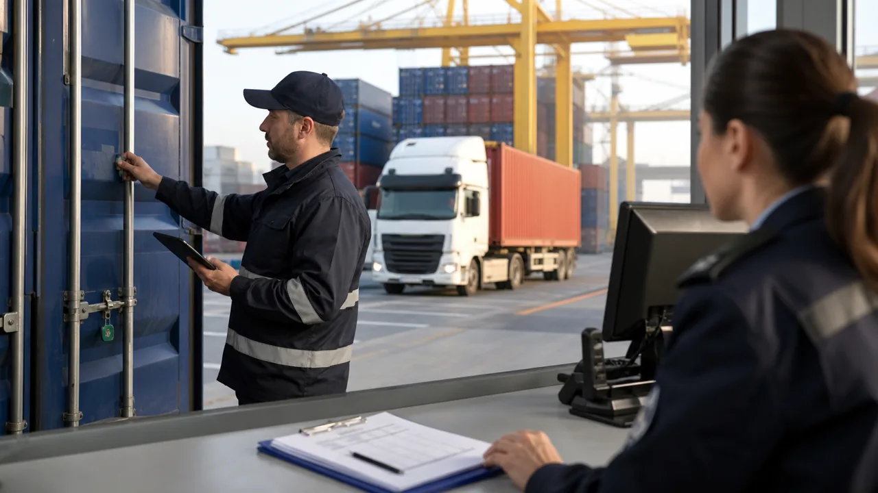 AI-foto van een Europese vrachtterminal met containers en douanedocumenten, als beeld voor handelsafspraken die in de praktijk moeten landen.