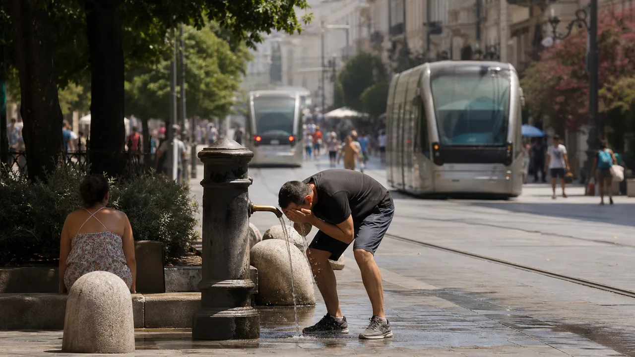 AI-foto van een realistische Europese stadsstraat tijdens hitte, met schaduwzoekende mensen en zichtbare infrastructuurdruk.