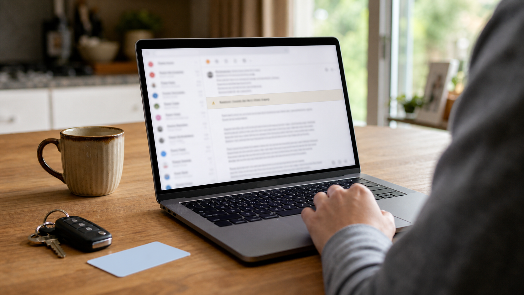 KI-Foto eines Laptops mit unscharfer verdächtiger E-Mail, Autoschlüsseln und einer neutralen Karte ohne Markenzeichen.