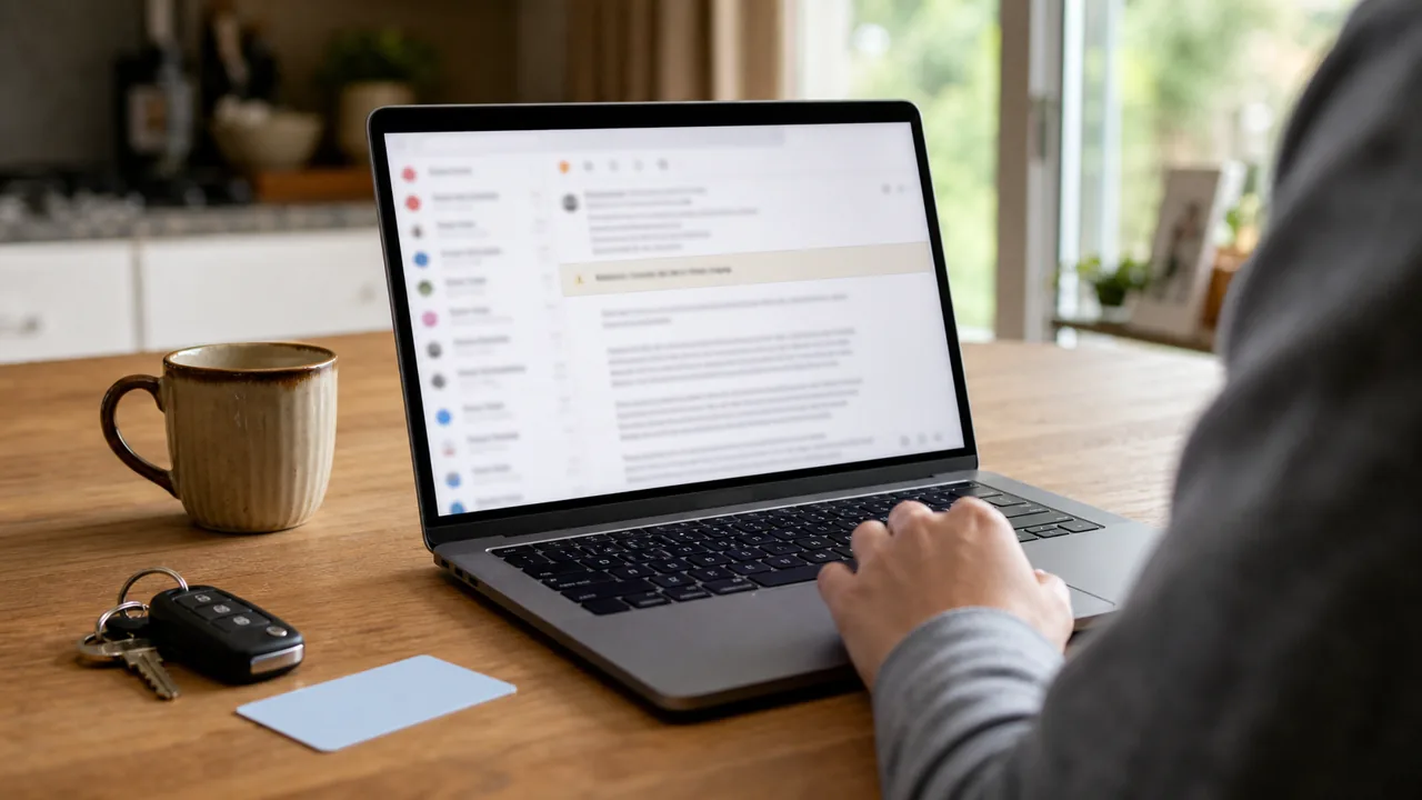 AI-foto van een laptop met onscherpe verdachte e-mail, autosleutels en een neutrale kaart zonder merk.