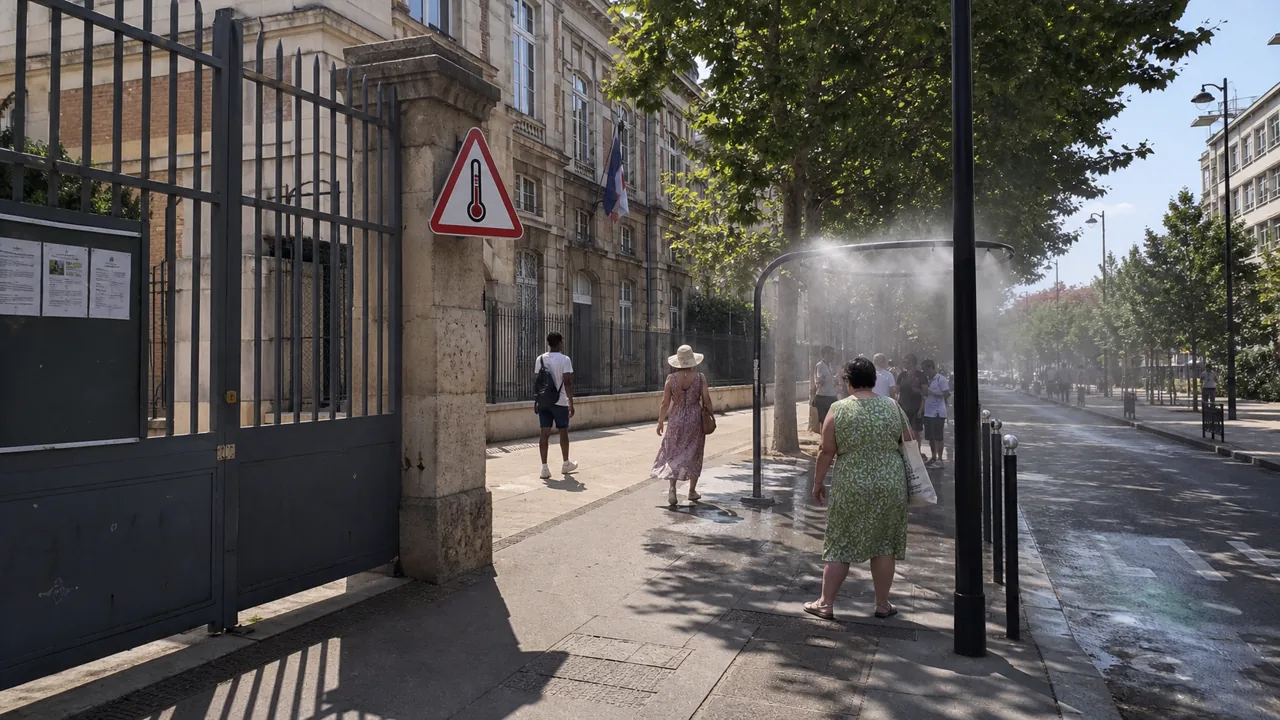 AI-foto van een hete Franse stadsstraat met gesloten schoolpoort en voetgangers in de schaduw, als beeld voor een hittegolf die ook bestuur en zorg test.