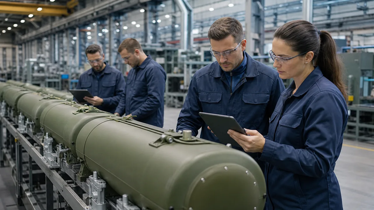 AI-foto van een Europese defensiefabriek met technici en afgedekte luchtverdedigingsonderdelen, als beeld voor beloftes en productiecapaciteit.