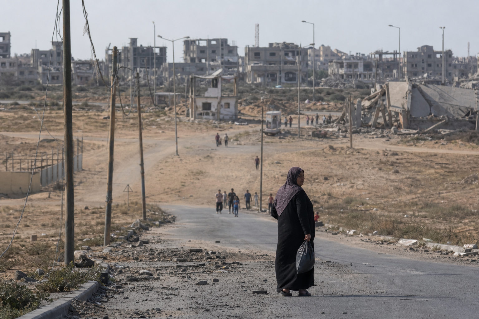 AI-foto van een realistische grensachtige omgeving bij Gaza met beschadigde infrastructuur, stof en mensen in de verte als beeld bij groeiende controle en angst.