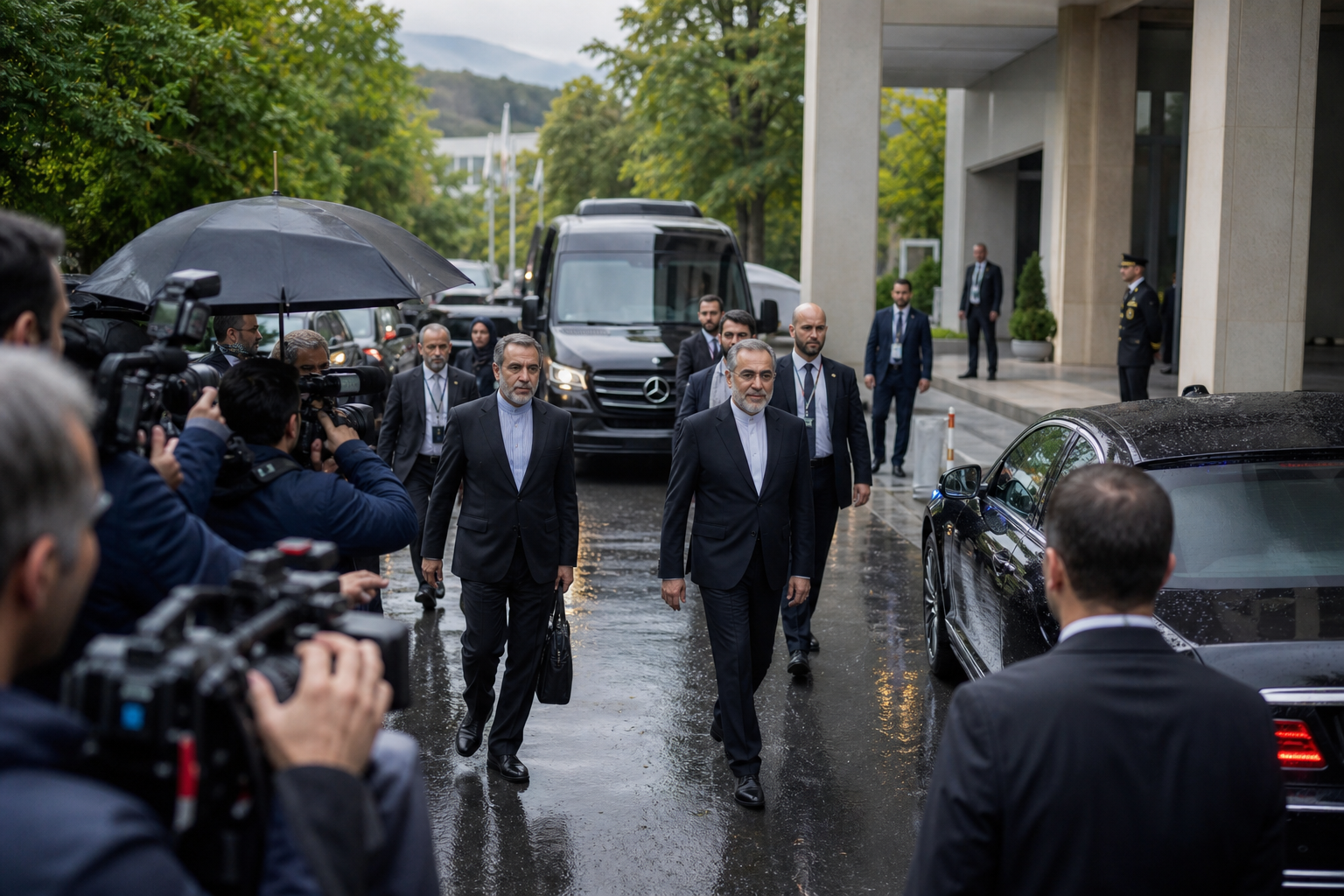 AI-foto van een realistische diplomatieke aankomst in Zwitserland met delegaties, camera's en discrete beveiliging als beeld bij nieuwe Iran-gesprekken onder internationale druk.