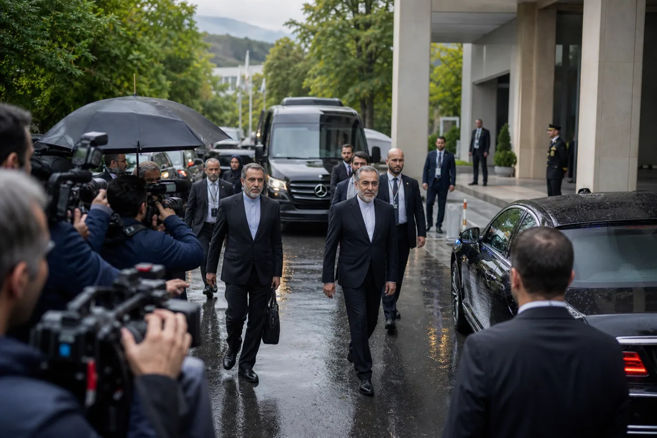 AI-foto van een realistische diplomatieke aankomst in Zwitserland met delegaties, camera's en discrete beveiliging als beeld bij nieuwe Iran-gesprekken onder internationale druk.