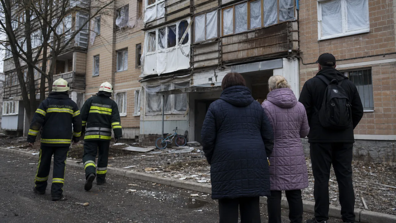 AI-foto van een beschadigde woonstraat in Kharkiv met hulpverleners en bewoners op afstand, als beeld voor burgerlijke schade na aanvallen.
