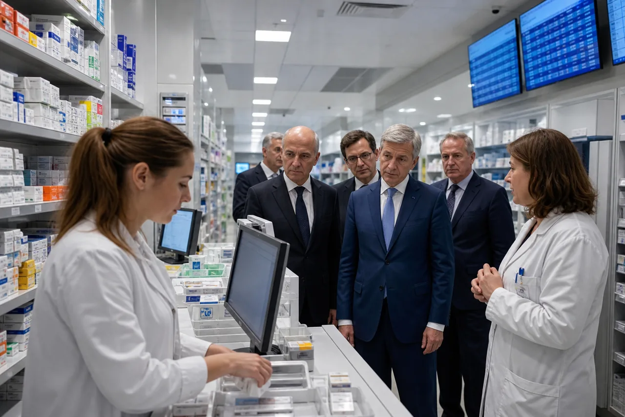 AI-foto van een realistische ziekenhuisapotheek met medicijnen, prijslabels op schermen en een zakelijke beleidsomgeving als beeld bij debat over internationale medicijnprijzen.