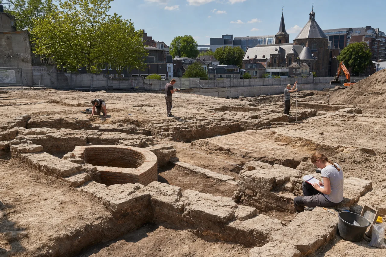 AI-foto van een realistische archeologische opgraving in Nijmegen met stenen fundamenten, meetlinten en onderzoekers als beeld bij Romeinse baden onder de stad.