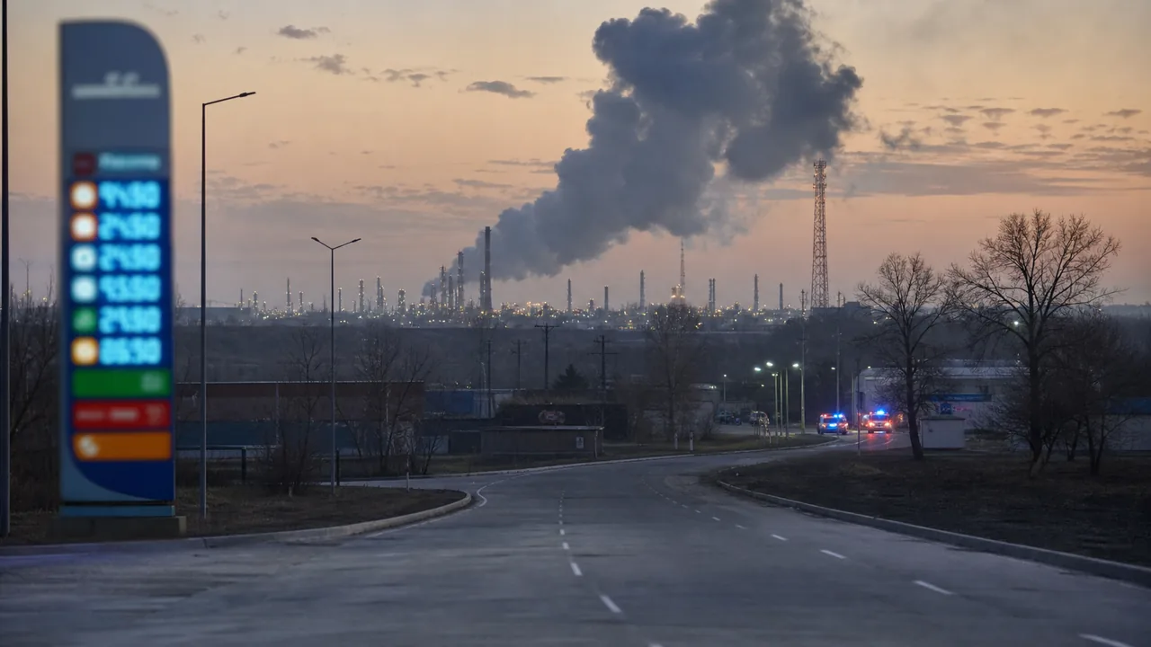 AI-foto van een verre raffinaderij met rook in ochtendnevel en een lege weg op de voorgrond, als beeld voor aanvallen op energie-infrastructuur.