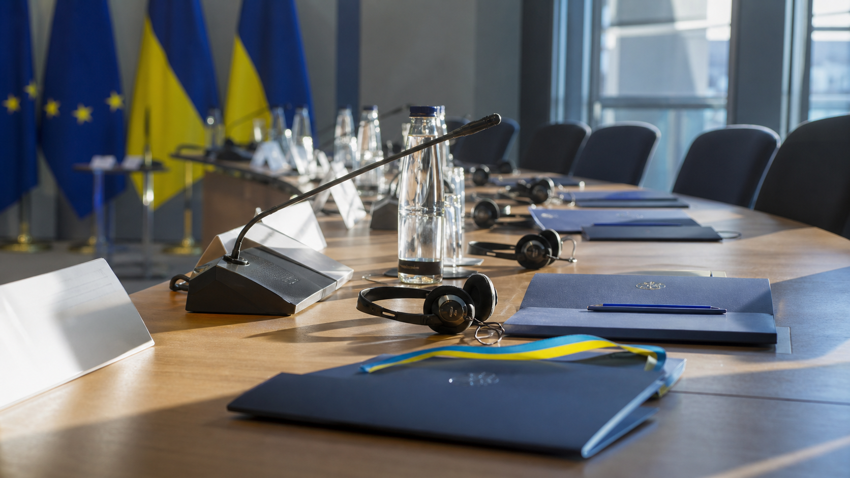 KI-Foto eines formellen europäischen Besprechungstisches mit blauen Akten, Übersetzungs-Headsets und ukrainischen Farbakzenten, als Bild für Beitrittsgespräche.