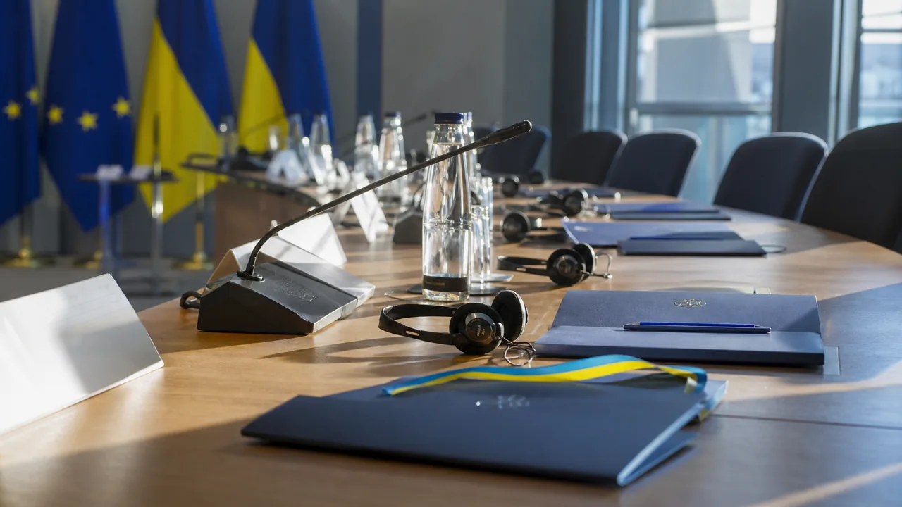 AI-foto van een formele Europese vergadertafel met blauwe dossiers, vertaalheadsets en Oekraïense kleuraccenten, als beeld voor toetredingsgesprekken.