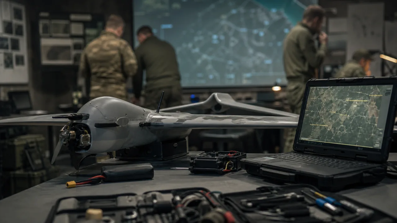 AI-foto van een realistische defensieruimte met droneonderdelen en analyseapparatuur.