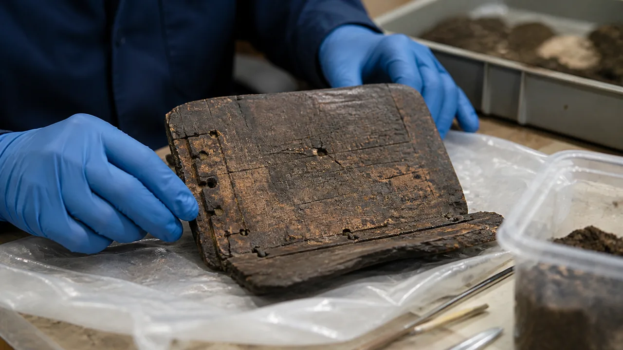 AI-foto van een archeologisch lab met een geconserveerd middeleeuws schrijfboekfragment op een werktafel.