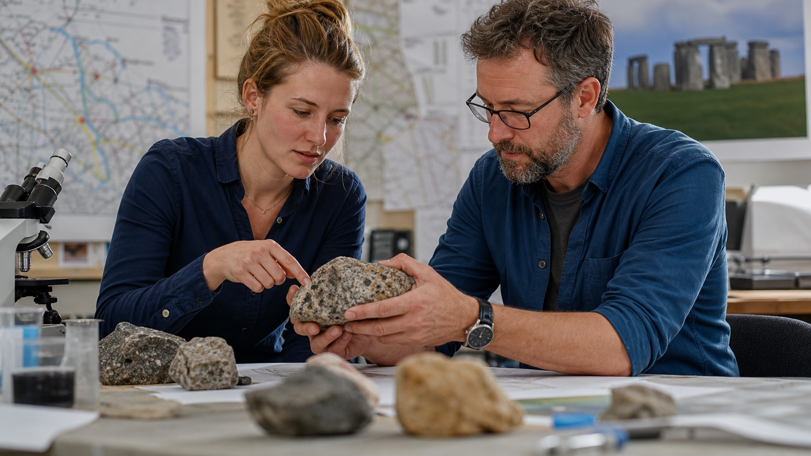 AI-foto van een realistisch archeologisch lab met steensamples en kaarten als beeld bij nieuw Stonehenge-onderzoek.