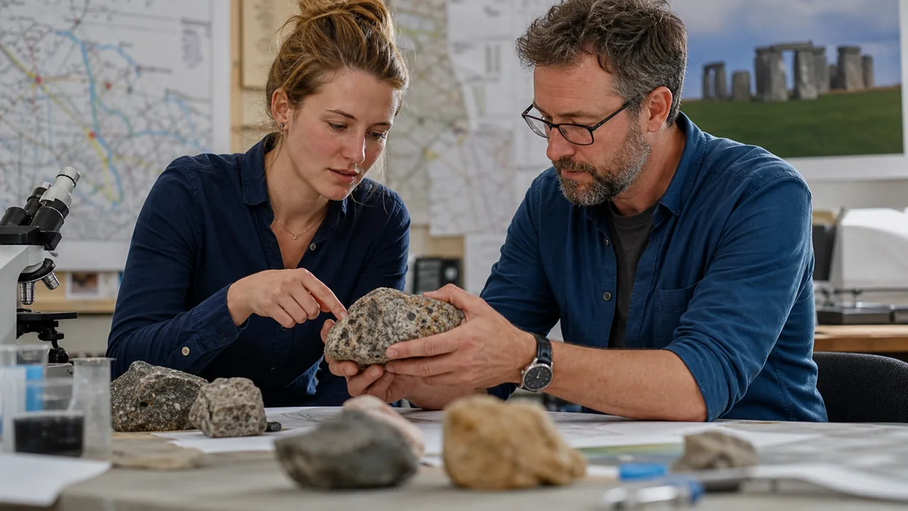 AI-foto van een realistisch archeologisch lab met steensamples en kaarten als beeld bij nieuw Stonehenge-onderzoek.