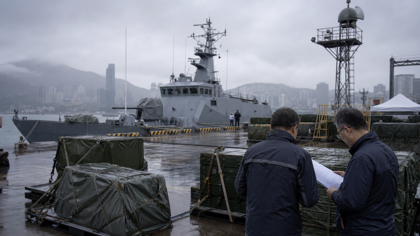 AI-foto van een regenachtige Taiwanese haven met afgedekte militaire kratten en een patrouilleschip op afstand, als beeld voor defensie en afschrikking.