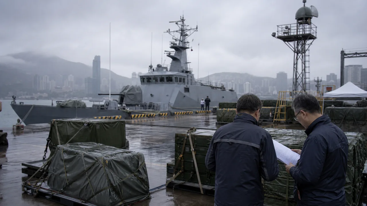AI-foto van een regenachtige Taiwanese haven met afgedekte militaire kratten en een patrouilleschip op afstand, als beeld voor defensie en afschrikking.