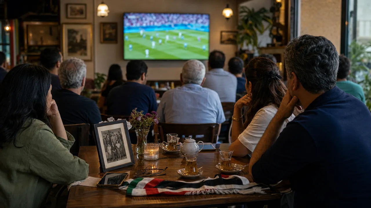 AI-foto van een Perzisch caf? in Los Angeles waar anonieme bezoekers naar voetbal kijken.