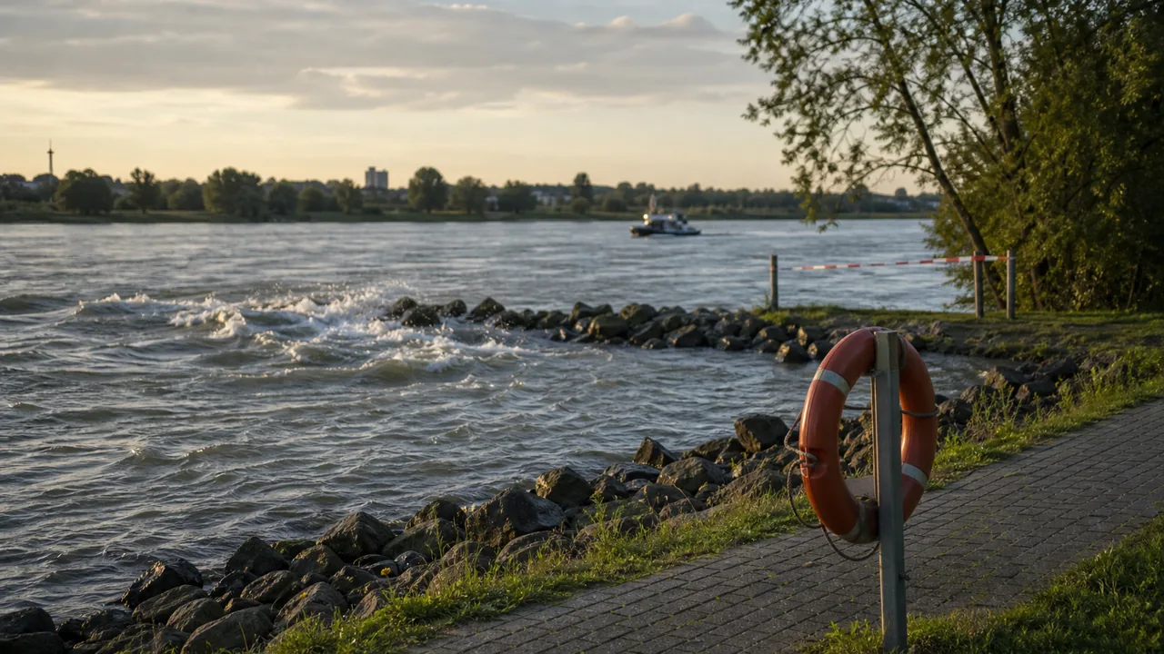 AI-foto van een Nederlandse rivier met reddingsboot in de verte en zichtbare stroming bij een krib.