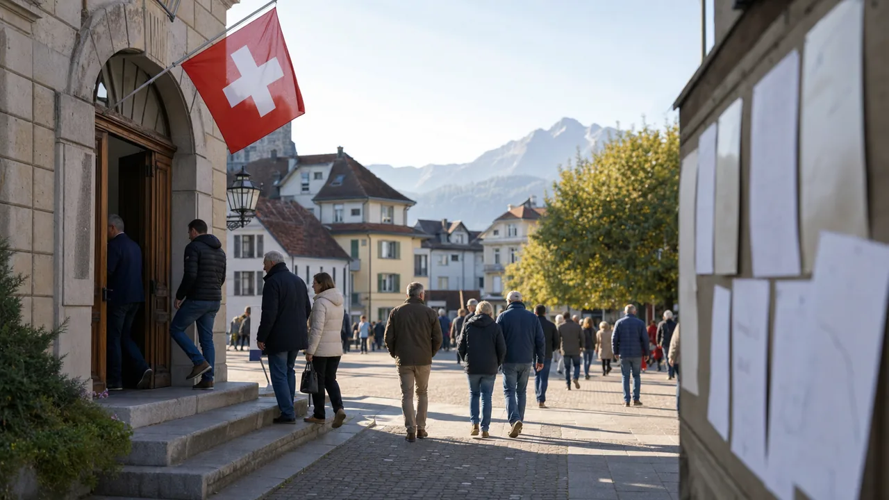 AI-foto van een Zwitsers stembureau met vertrekkende kiezers en bergen op de achtergrond, als beeld voor een referendum over bevolkingsgroei.