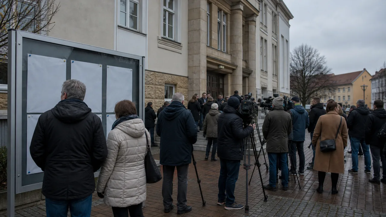 AI-foto van een Oost-Duits gemeentehuis met perscamera's en anonieme kiezers als beeld bij een regionale AfD-peiling.