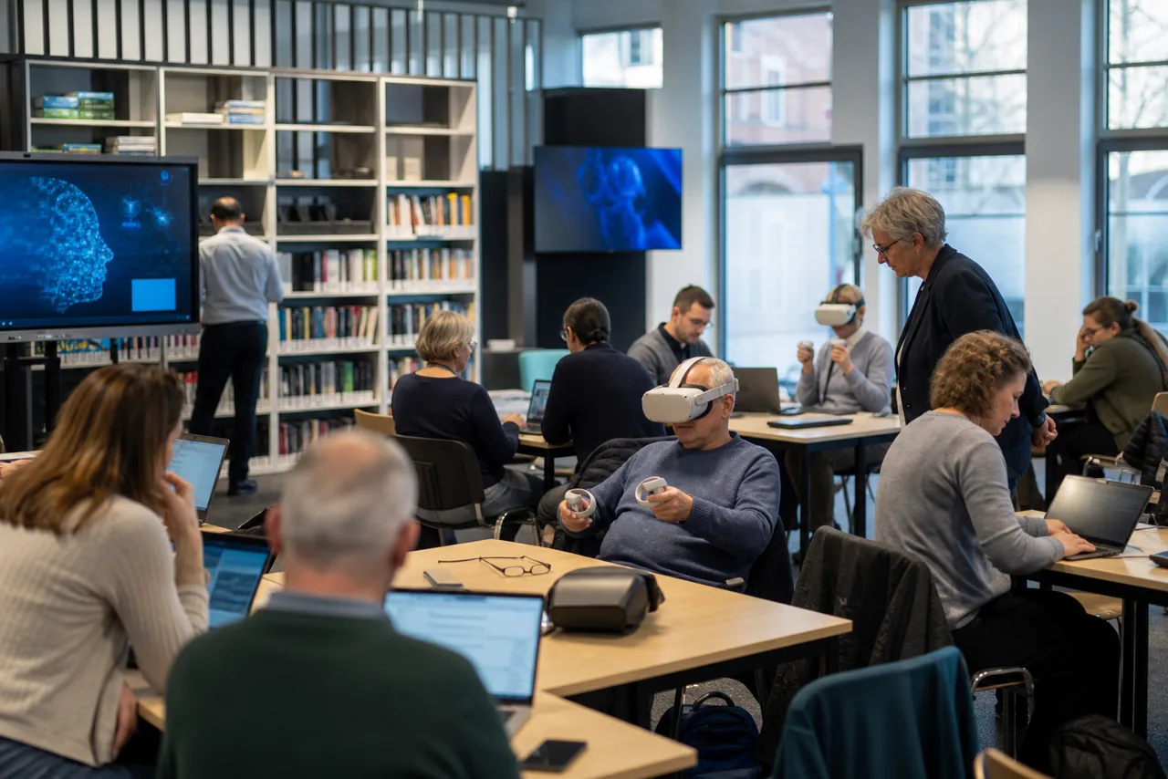 AI-foto van een realistische leeromgeving met volwassenen, laptops en VR-brillen als beeld bij een gratis digitale campus.