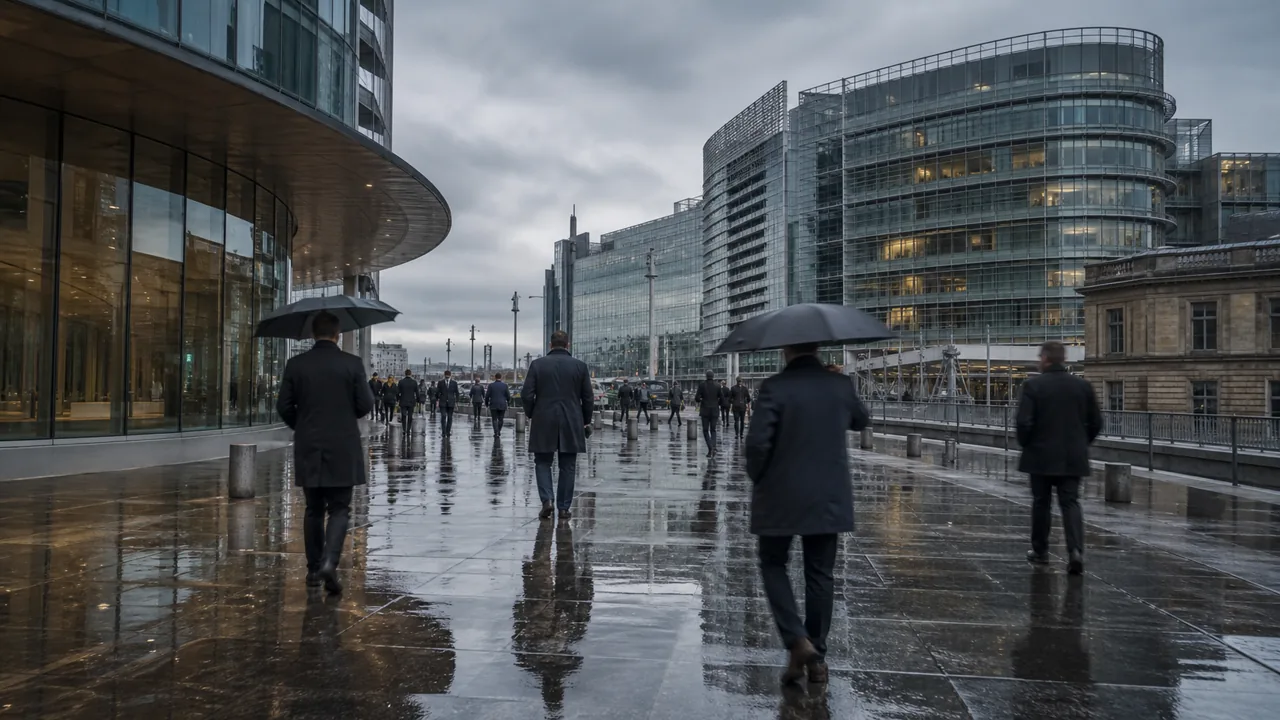 AI-foto van een natte Brusselse EU-wijk met glasgevels en forenzen, als beeld voor post-Brexit afstand en institutionele continuiteit.