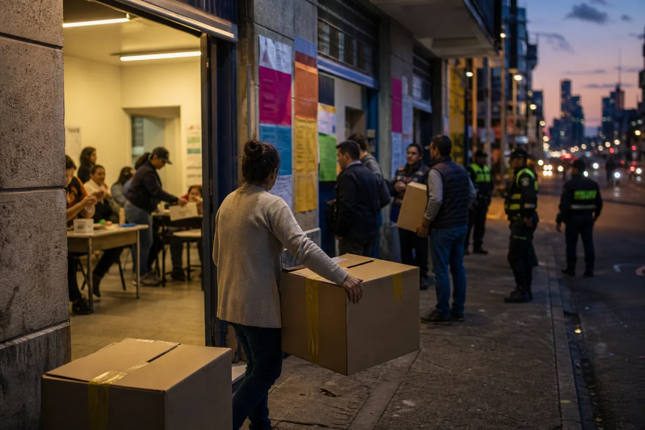 AI-foto van een Colombiaans stembureau bij schemering met stembussen en toezicht als beeld bij een nipte verkiezingsuitslag.